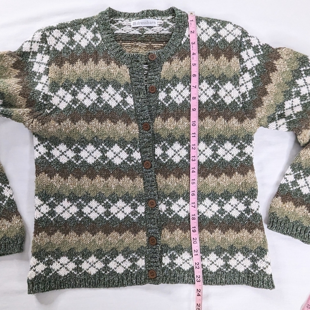 VTG Green Brown Wool Chunky Knit Argyle Button Up Cardigan Sweater Academia - Picture 5 of 7
